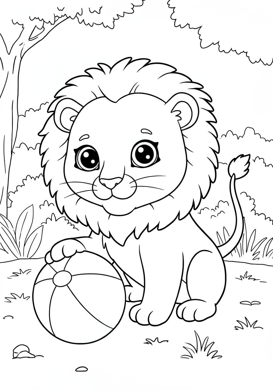 A free printable coloring page depicting an adorable, fluffy lion cub playfully pouncing on a large, round ball in a simple savanna setting, ideal for kids.