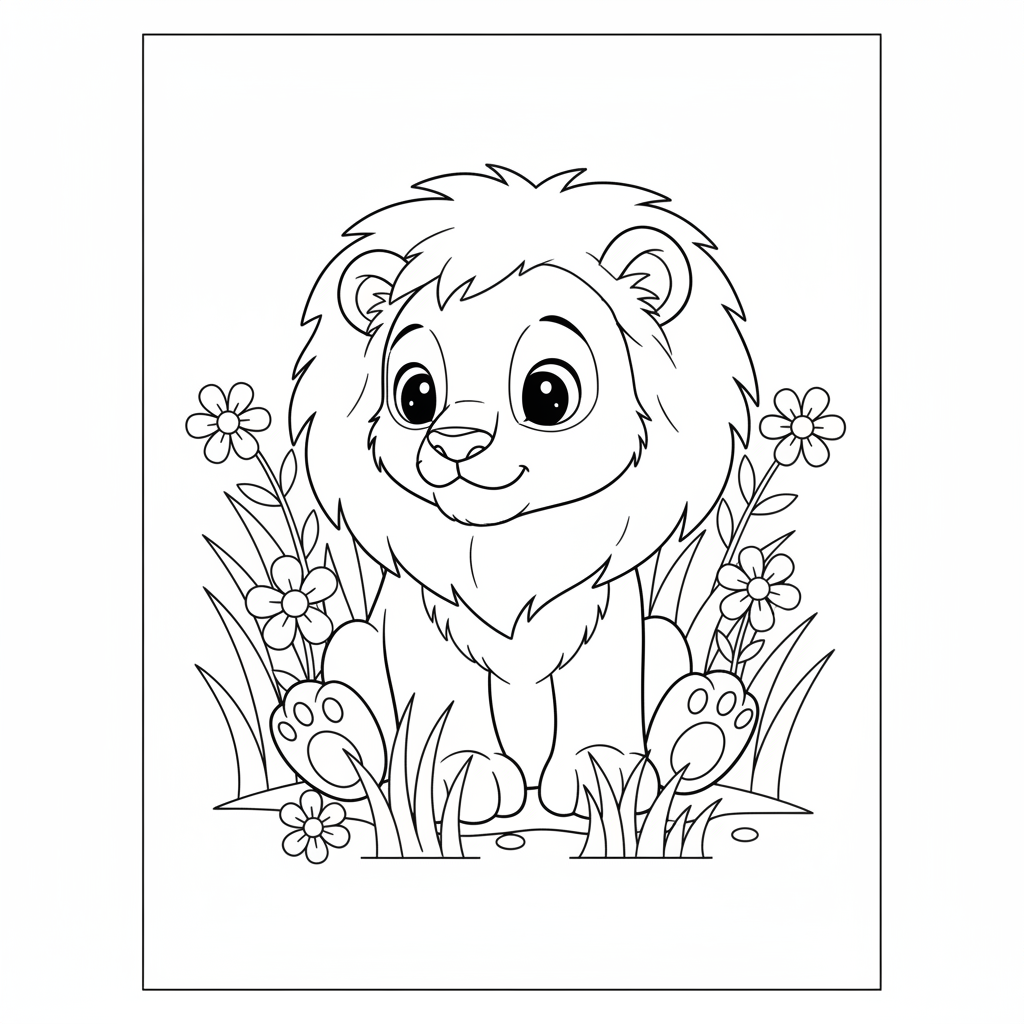 Free printable coloring page featuring a cute lion cub playing happily in tall green grass, perfect for kids.
