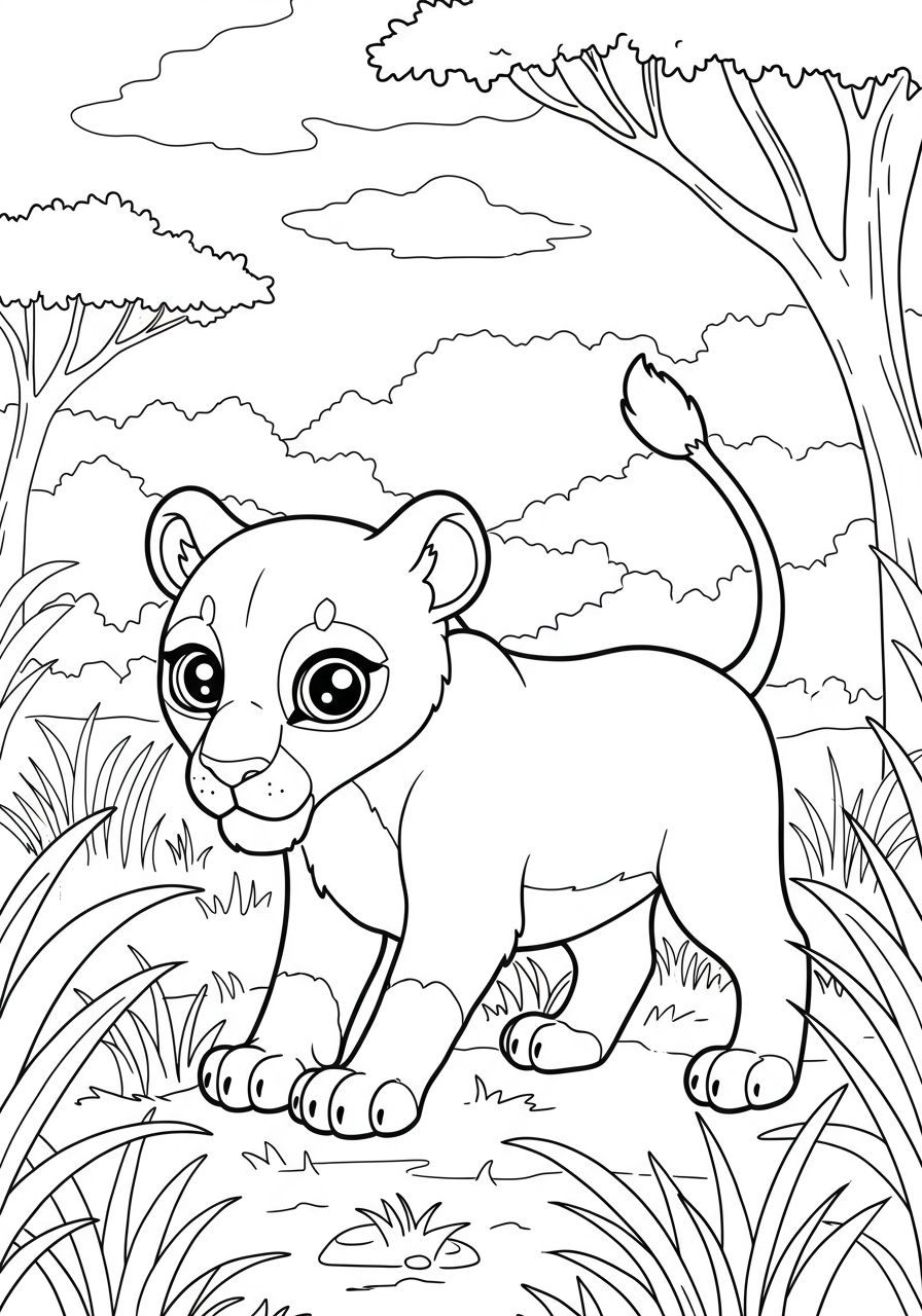 A free printable coloring page showing a majestic lioness cautiously hunting in tall savanna grass, perfect for kids to color.