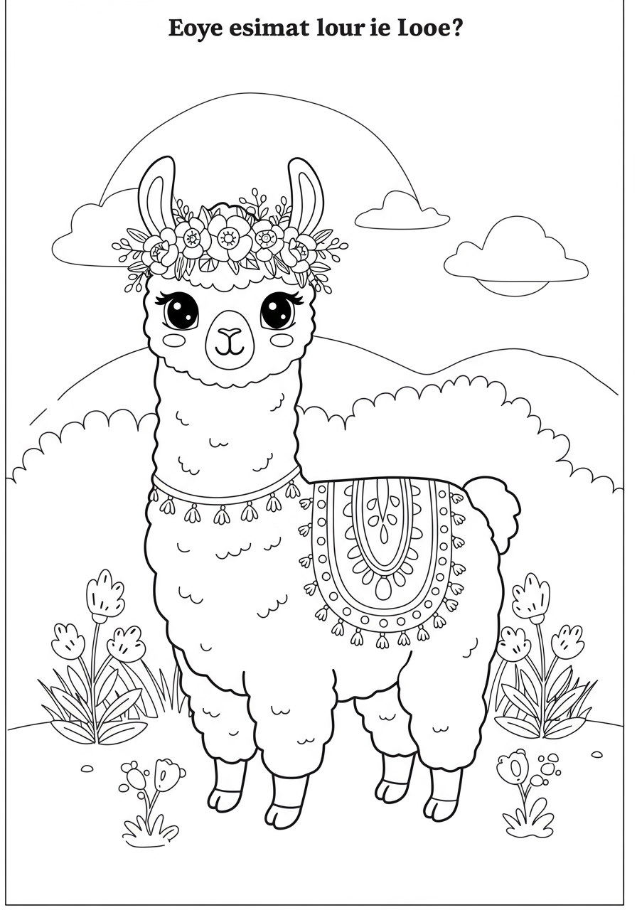 Free printable coloring page featuring a cute cartoon llama wearing a beautiful flowery wreath around its neck, set against a simple background for kids to color.