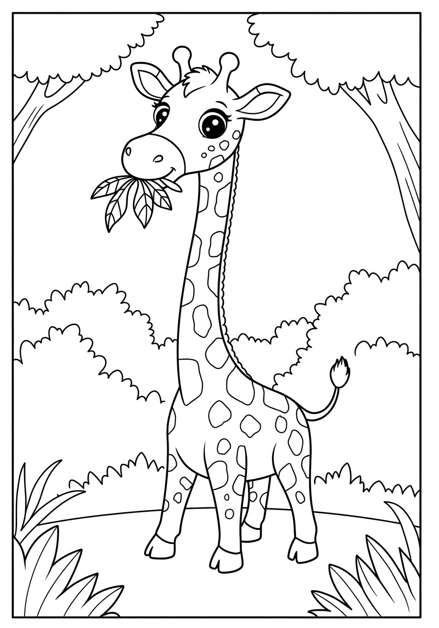 Free printable coloring page featuring a friendly long-necked giraffe happily eating leaves from a tall tree, perfect for kids.