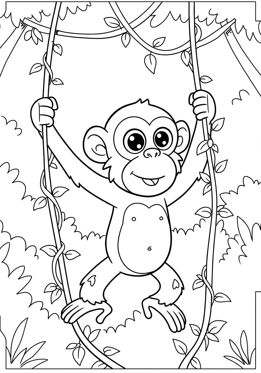 Free printable coloring page featuring a loud, happy chimpanzee with an open mouth, swinging enthusiastically on jungle vines, designed with bold lines for easy coloring by kids.