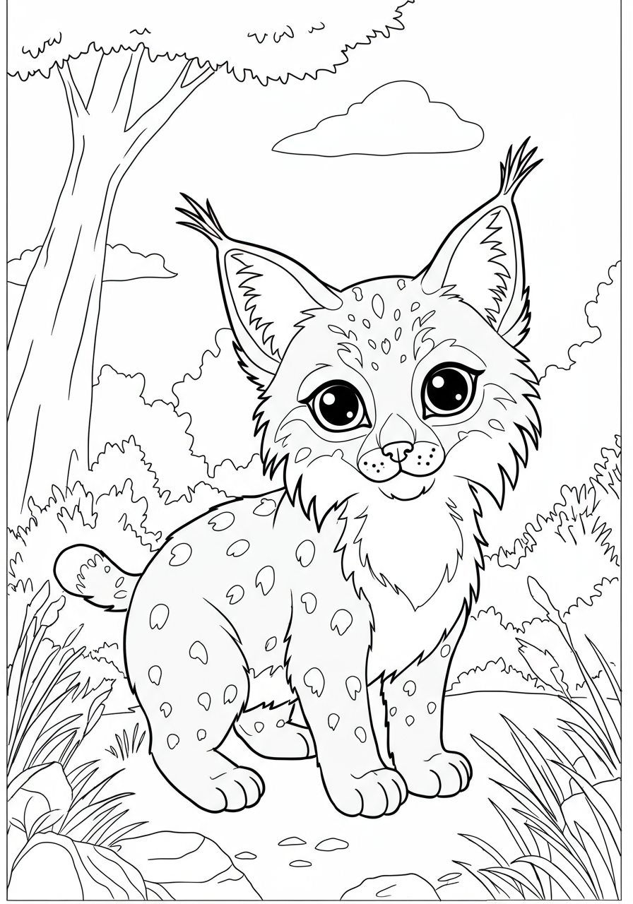 A free printable coloring page featuring a cute lynx with prominent tufted ears, large paws, and a bobbed tail, perfect for kids to color.