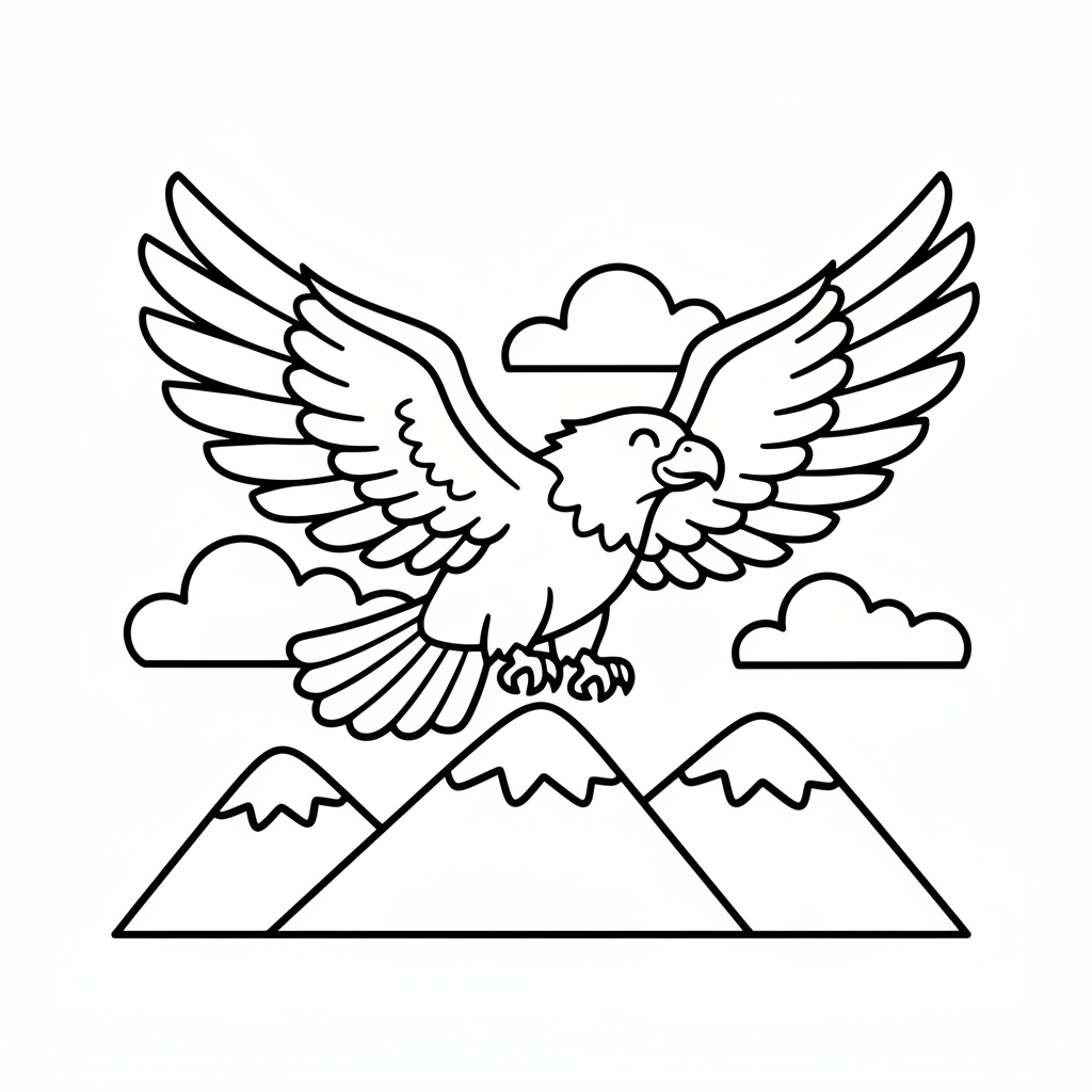A free printable coloring page featuring a majestic bald eagle with outstretched wings soaring high above a mountain range with fluffy clouds in the sky, perfect for kids.