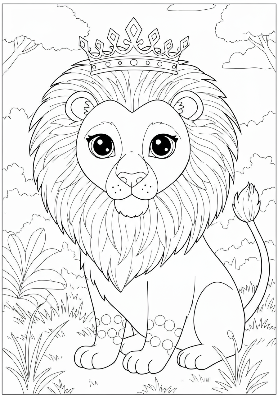 A free printable coloring page featuring a majestic lion wearing a royal crown, designed for easy coloring by kids.