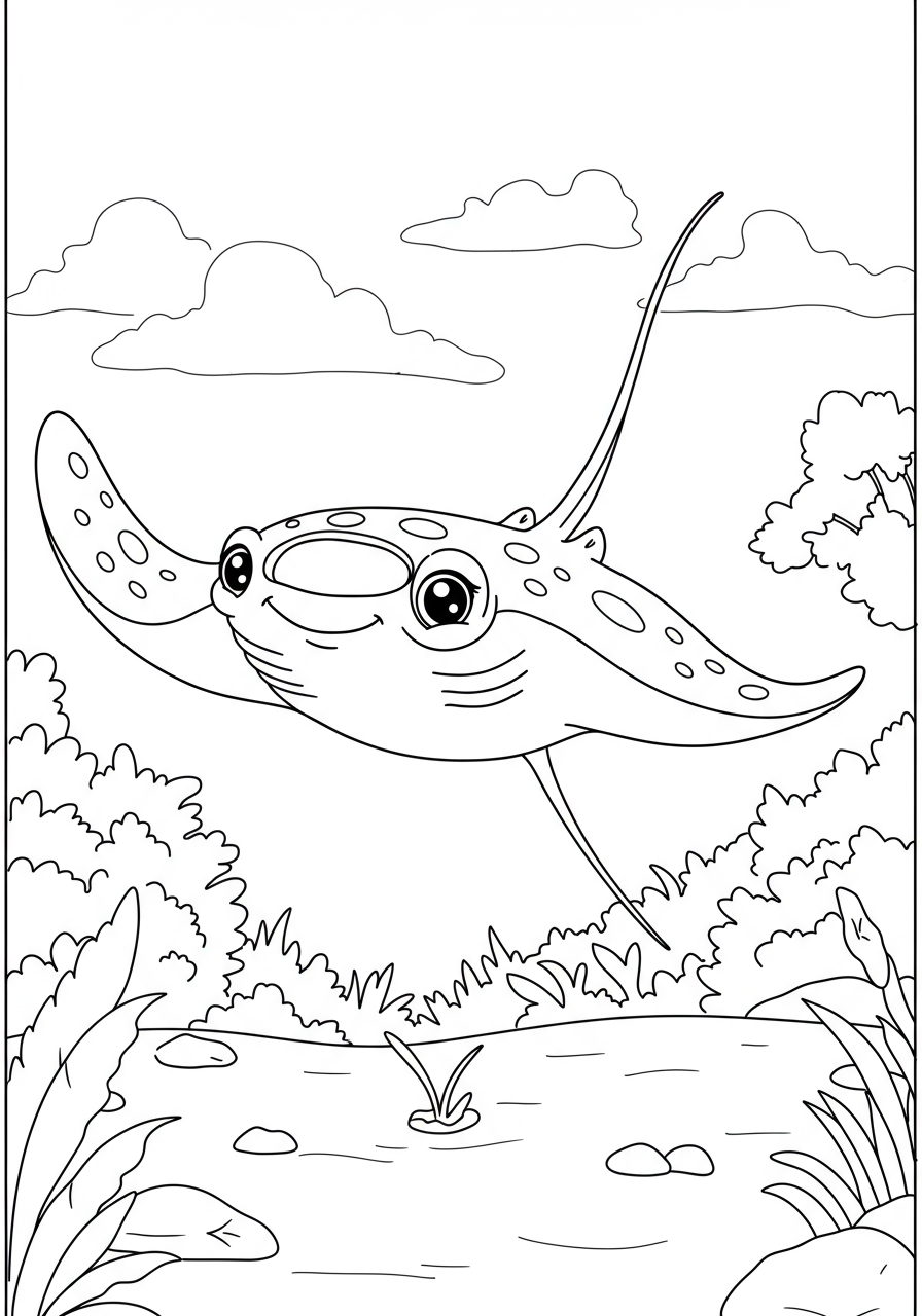 Illustration of a Manta Ray gracefully gliding through the ocean, a free printable animal coloring page for kids.