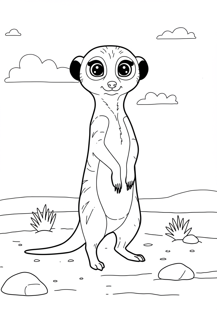 Free printable meerkat standing alert in the desert coloring page for kids, easy animal coloring sheet.