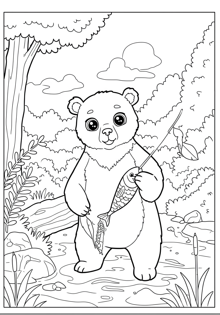 A free printable coloring page showing a mighty brown bear standing in a river, skillfully catching a fish with its paw, surrounded by trees and mountains in the background.