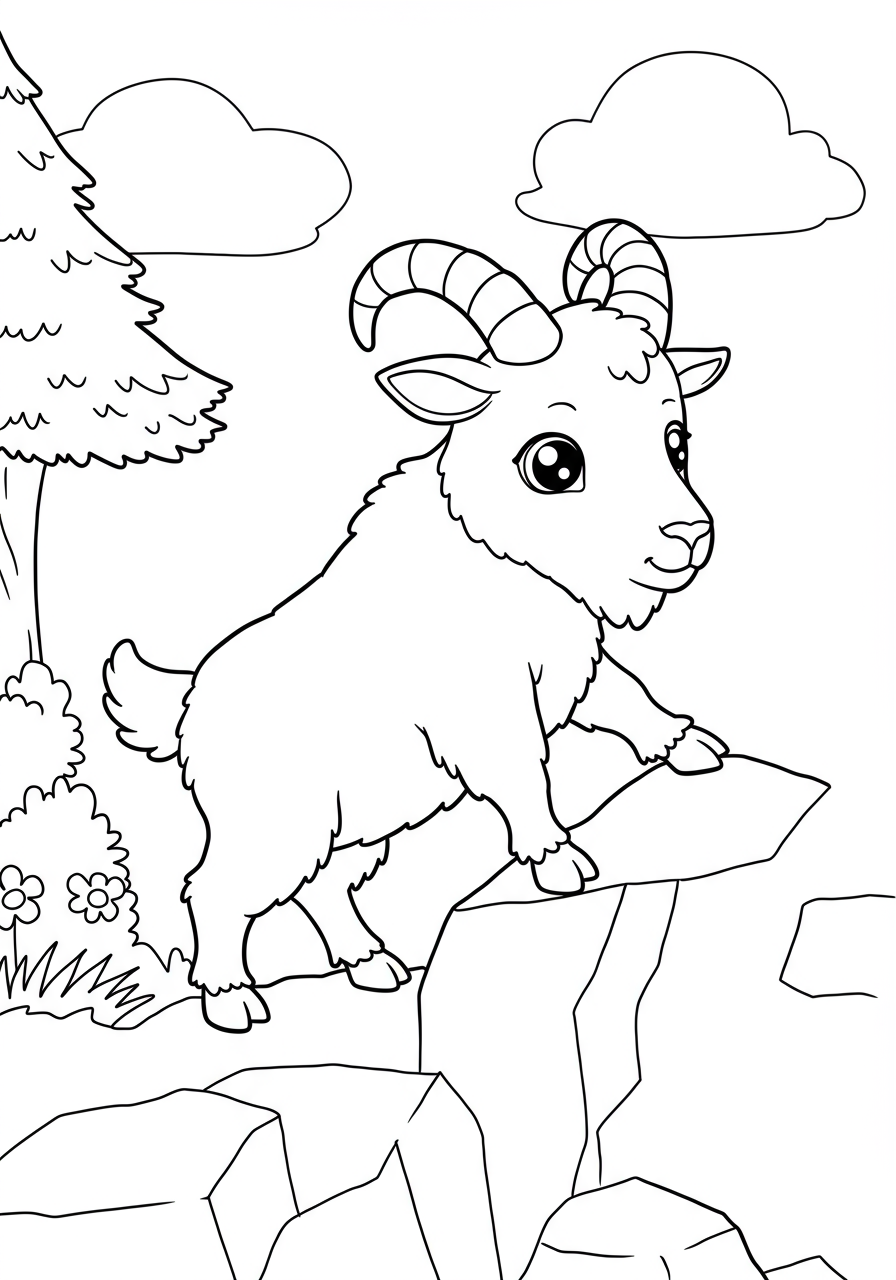 Free printable mountain goat climbing cliff coloring page for kids, showing a white goat with horns on a steep rocky incline.