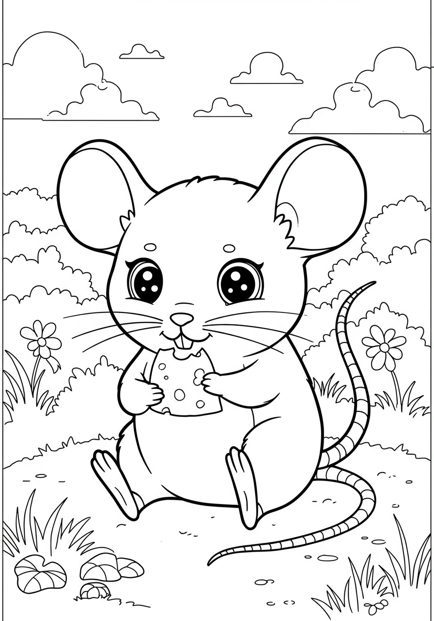 Free printable coloring page depicting an adorable brown mouse happily eating a slice of yellow Swiss cheese with holes.