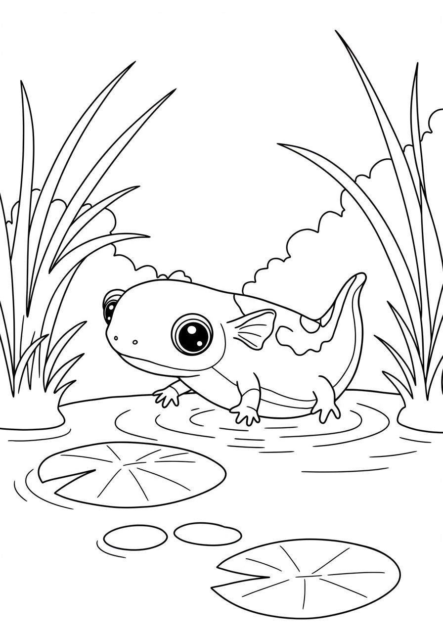 Free printable coloring page featuring an adorable newt swimming peacefully in a pond, surrounded by water and simple plant elements, perfect for kids.