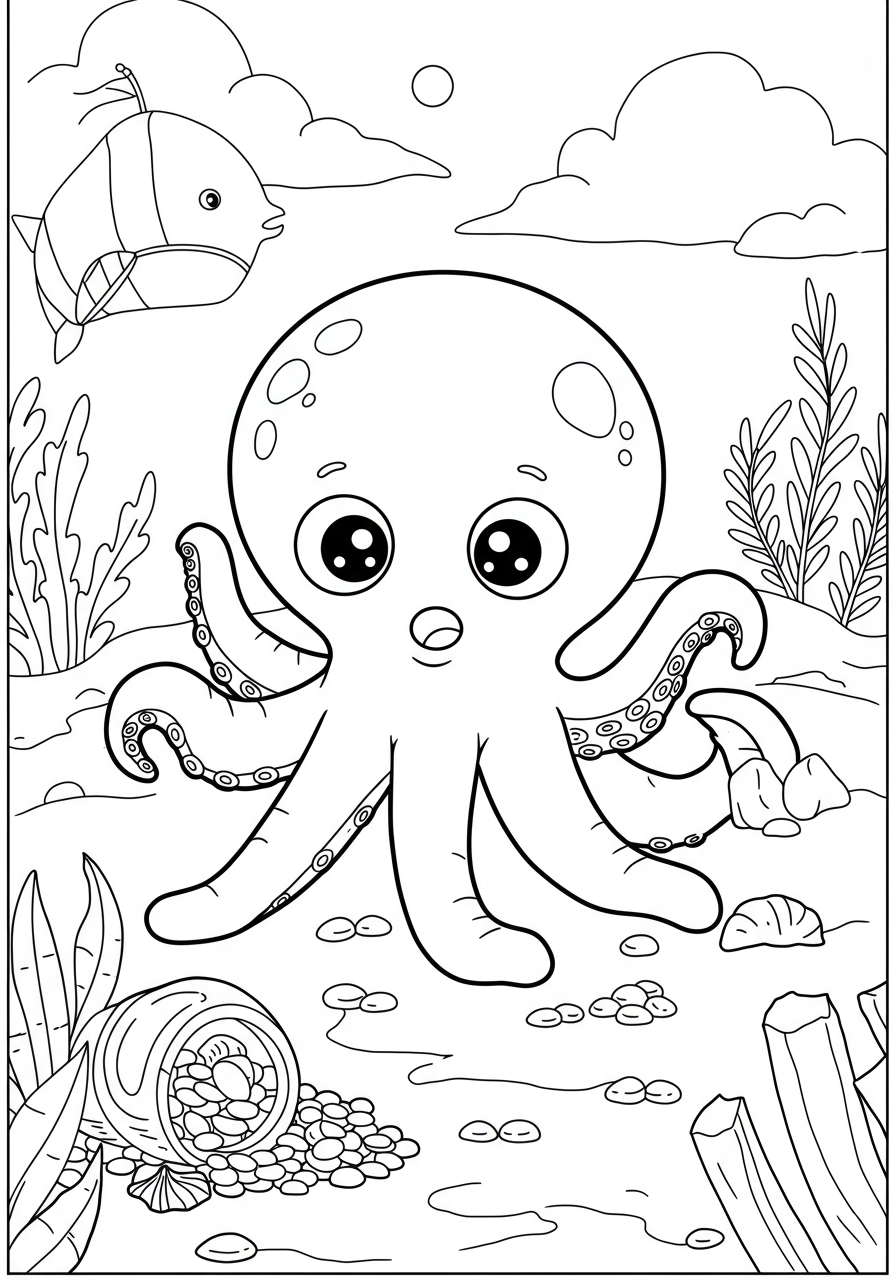 Free printable coloring page for kids featuring a friendly octopus guarding a shipwreck with sparkling treasure. Easy difficulty level, perfect for imaginative ocean animal fun.