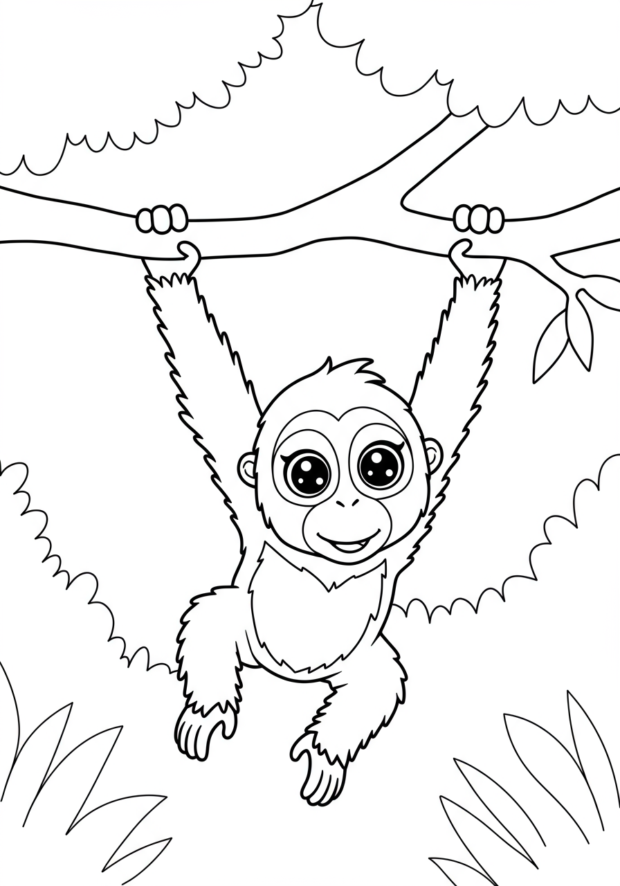Free printable coloring page featuring an orangutan swinging from a tree branch in the jungle, easy for kids to color.