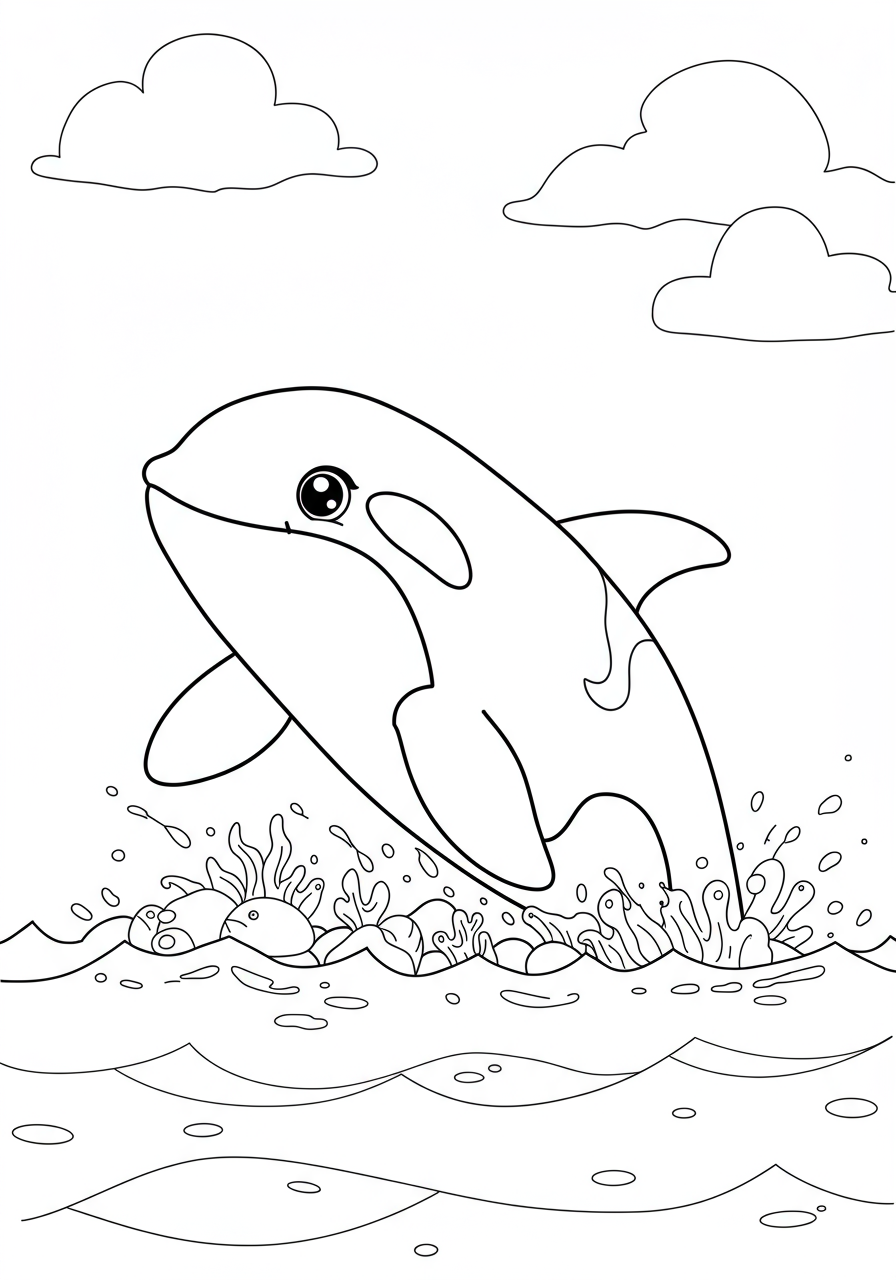 A free printable coloring page depicting a majestic Orca (killer whale) in mid-air, breaching high out of the ocean with large water splashes around it.
