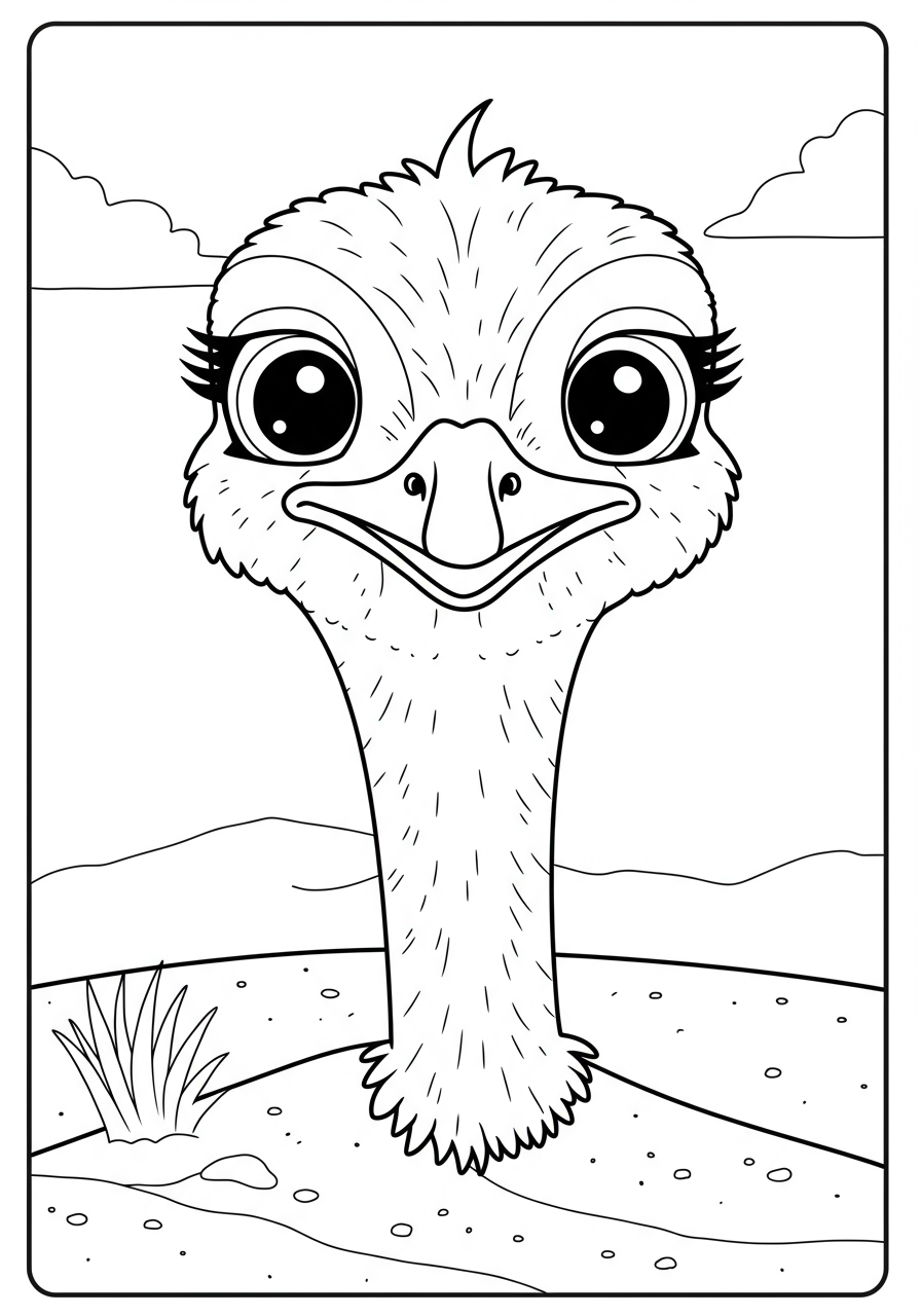 Illustration of a funny ostrich with its head humorously buried in a mound of sand, with its long neck and large body visible, set against a simple desert background. A free printable coloring page for kids.