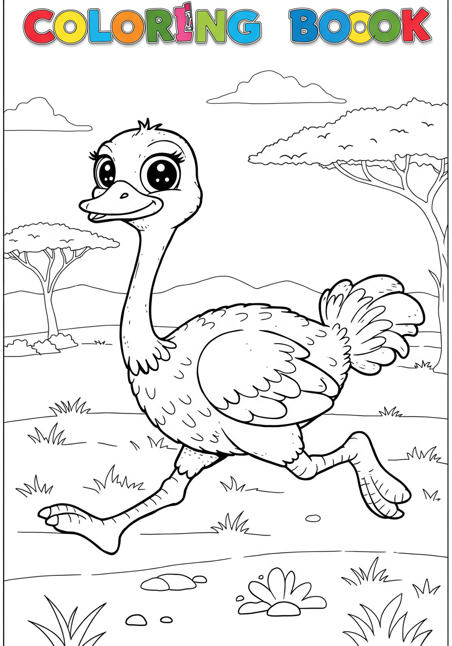 Free printable coloring page featuring a large, happy ostrich running across a simple savanna landscape with grass and a clear sky.