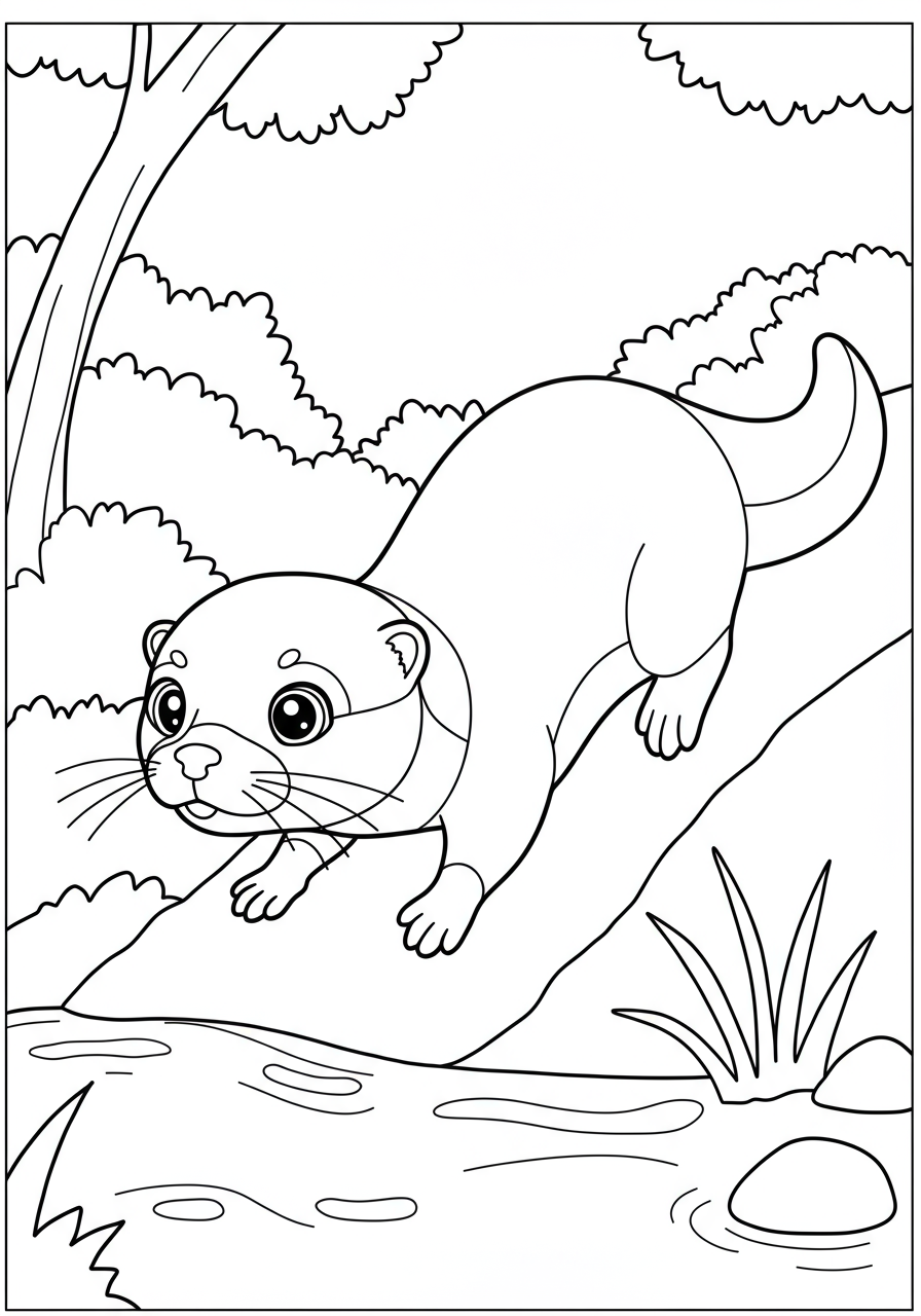 A free printable coloring page depicting a happy river otter joyfully sliding down a muddy bank into the water, with a big splash, perfect for kids.