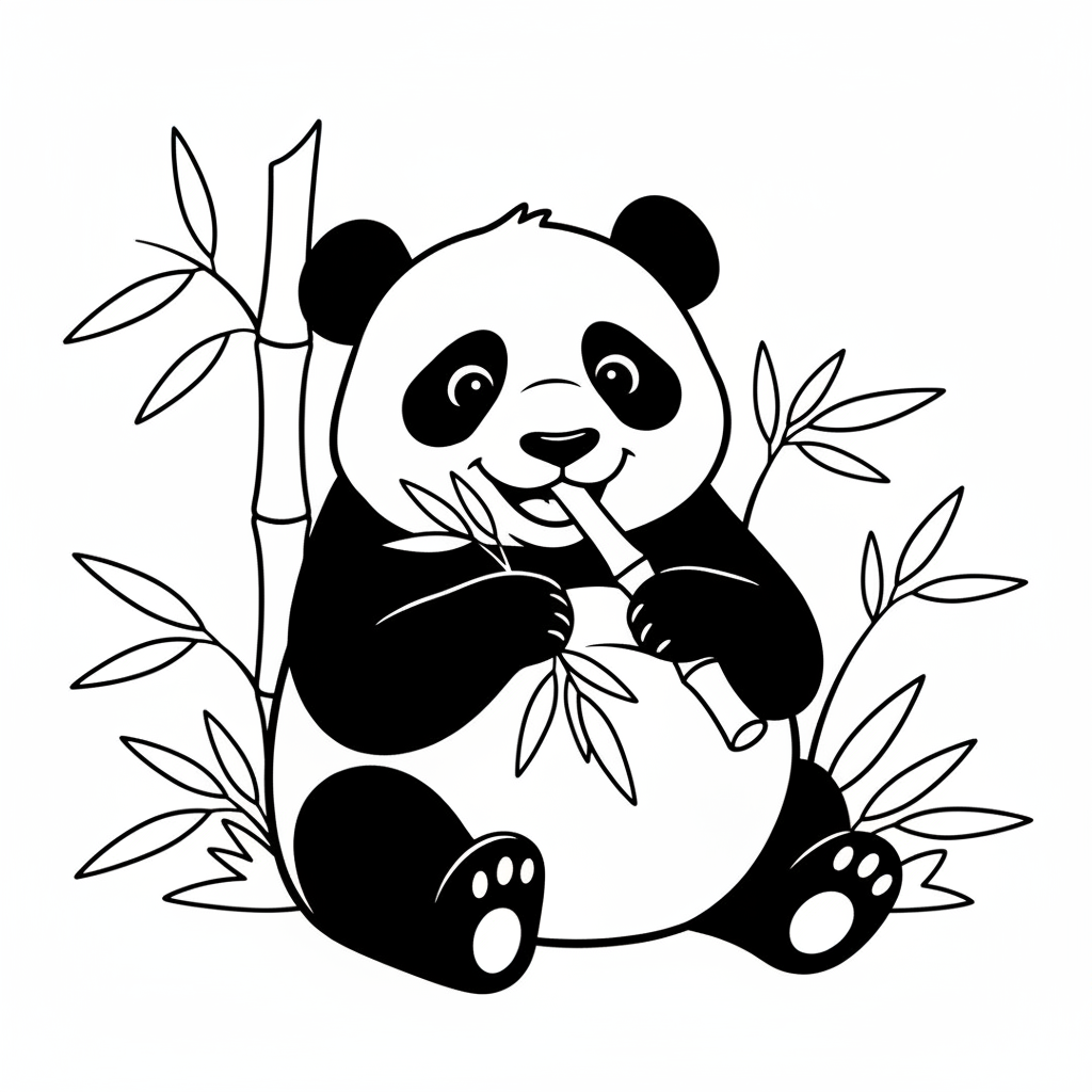 A free printable coloring page featuring a cute giant panda sitting happily in a dense bamboo forest, munching on a bamboo shoot, perfect for young children to color.