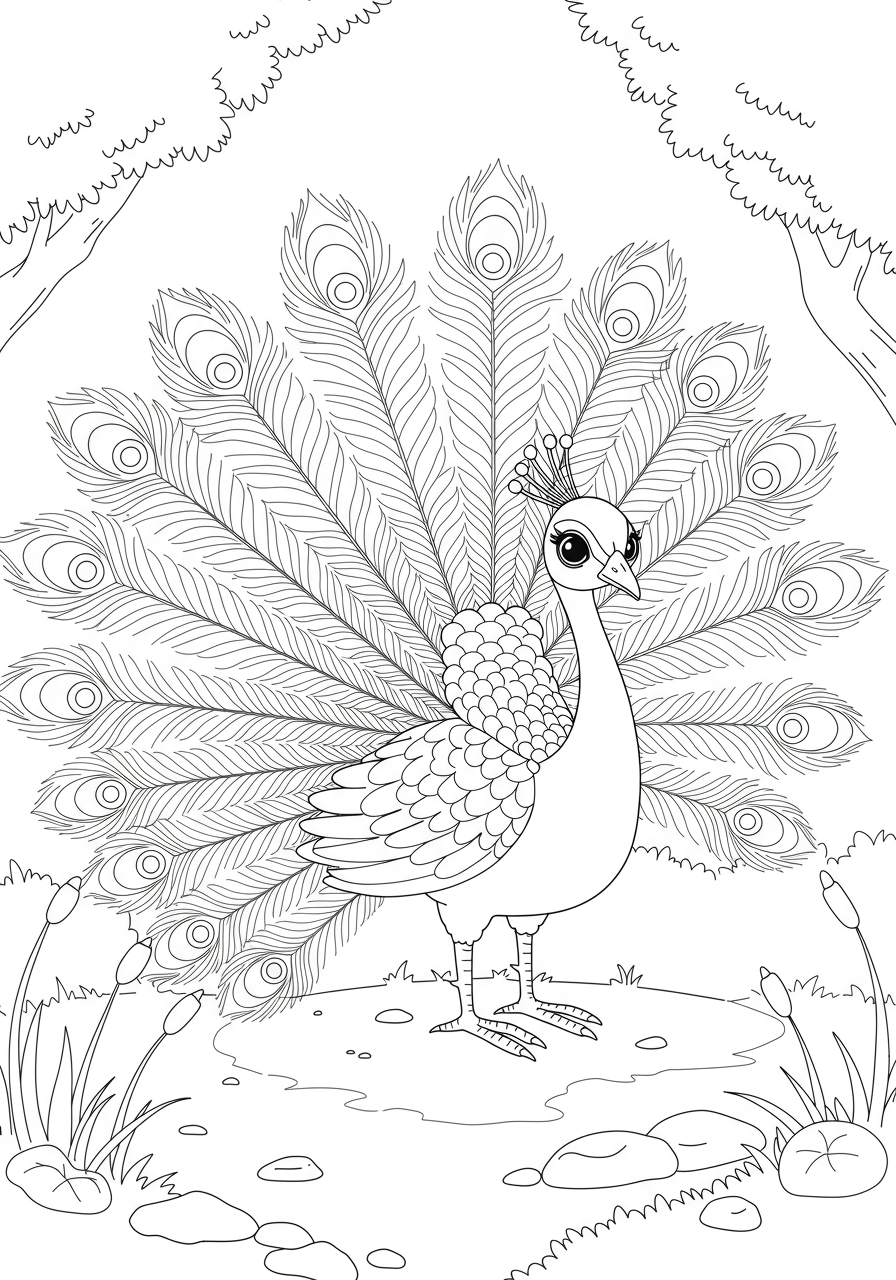 Free printable coloring page featuring a magnificent peacock displaying its large, fan-like iridescent tail feathers with detailed eye spots.