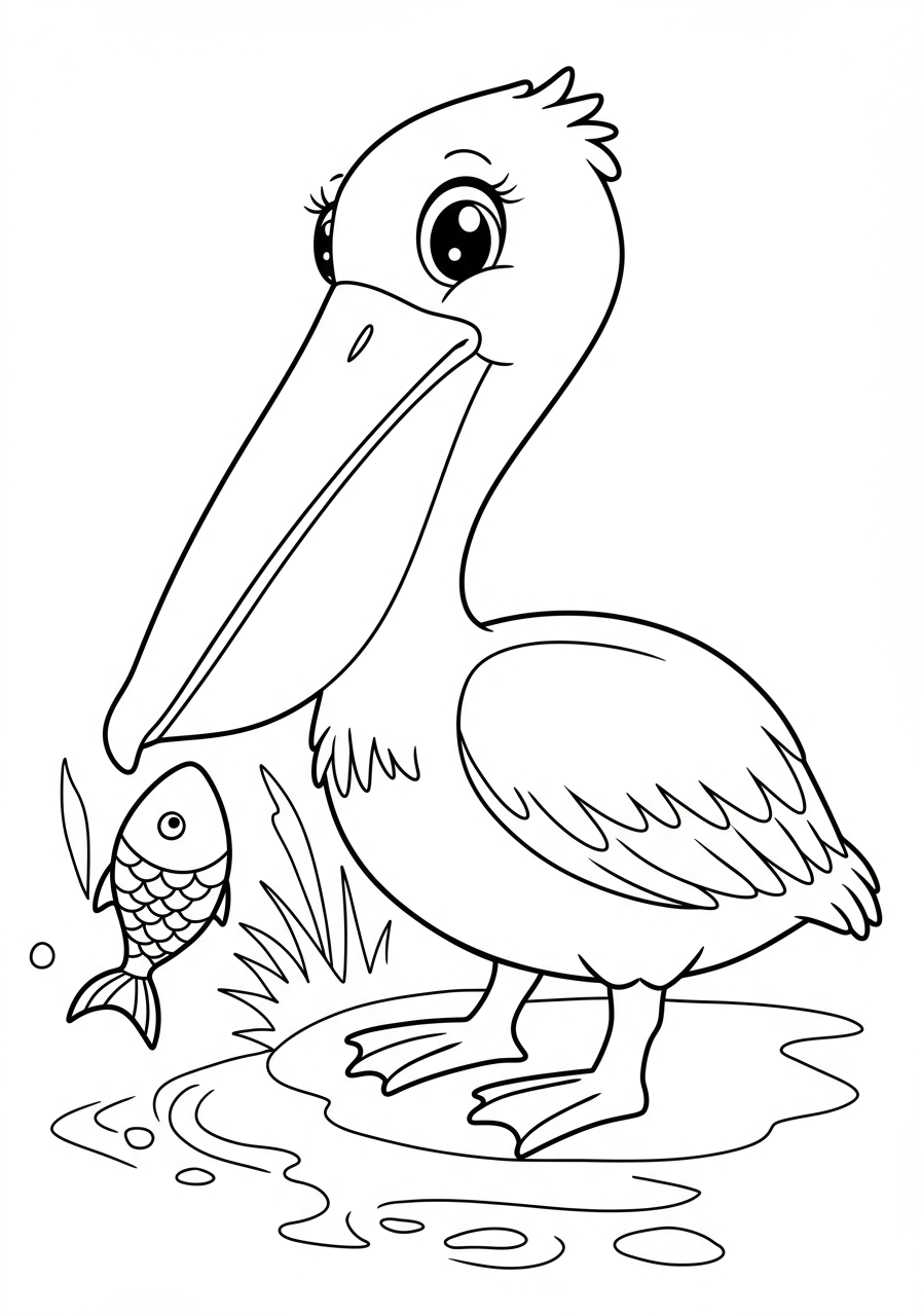 Free printable coloring page featuring an easy outline of a pelican scooping a fish out of the water, perfect for kids.