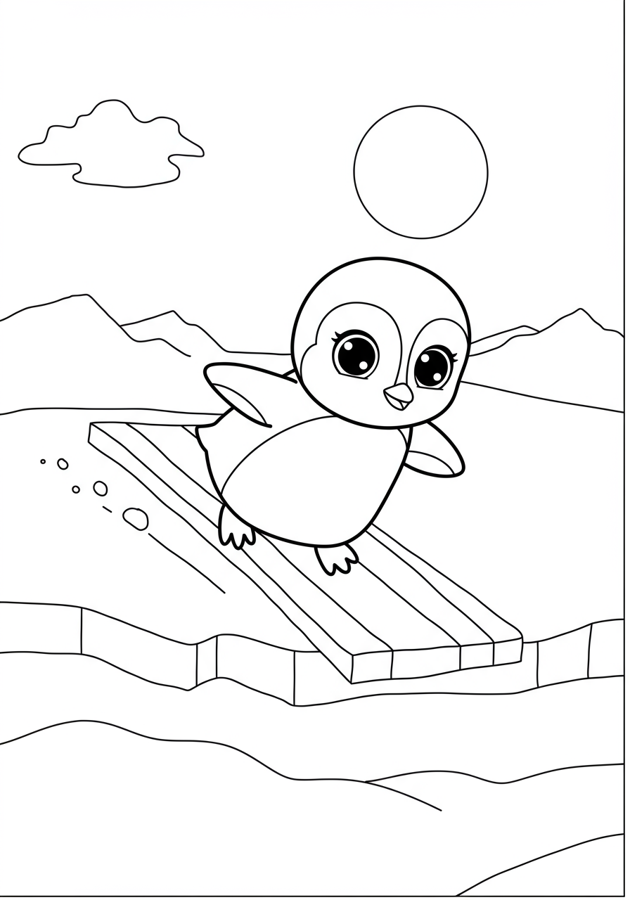 Free printable coloring page featuring a happy penguin sliding on its belly across a sheet of ice, with simple background details. Perfect for kids to color.