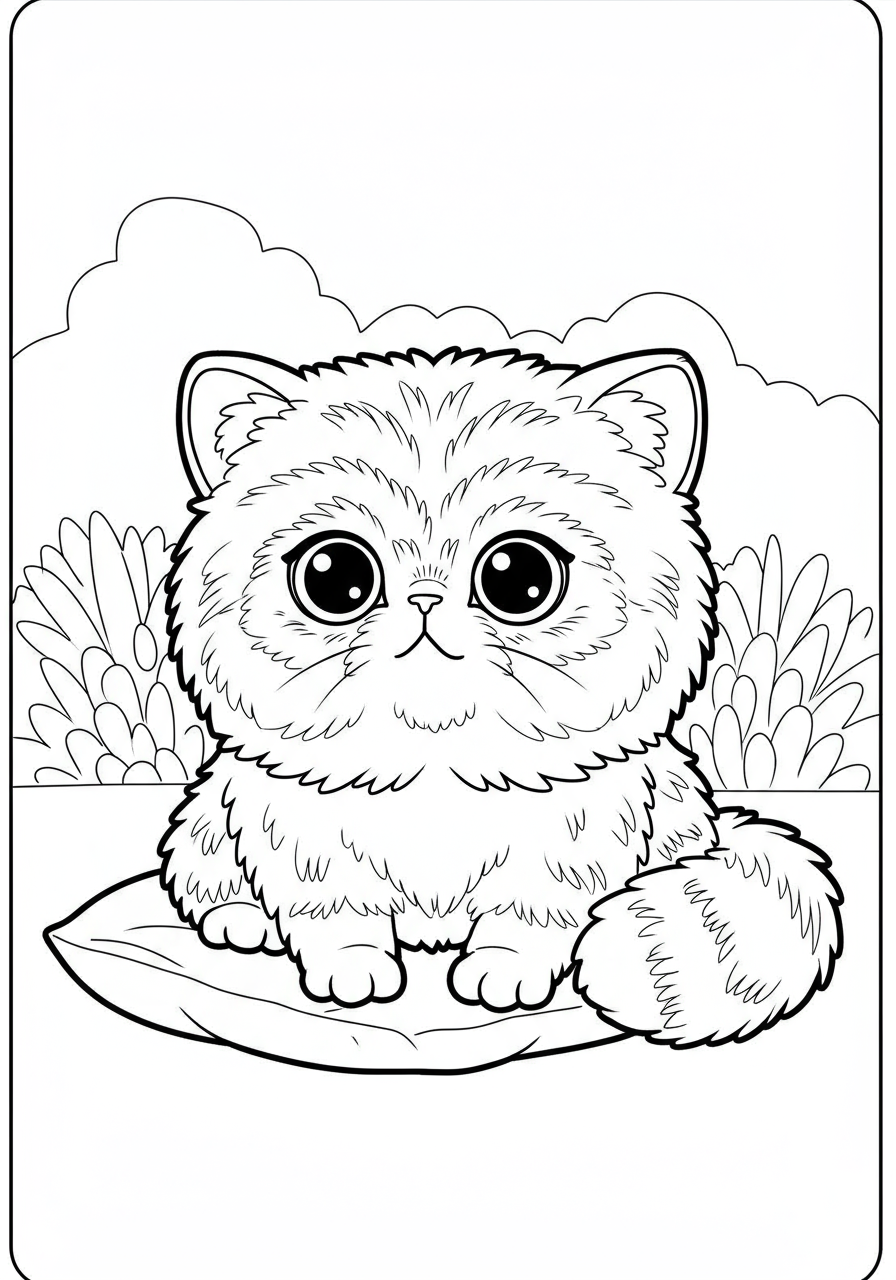 Free printable coloring page showing an adorable fluffy Persian cat curled up like a soft pillow, ready for kids to color.
