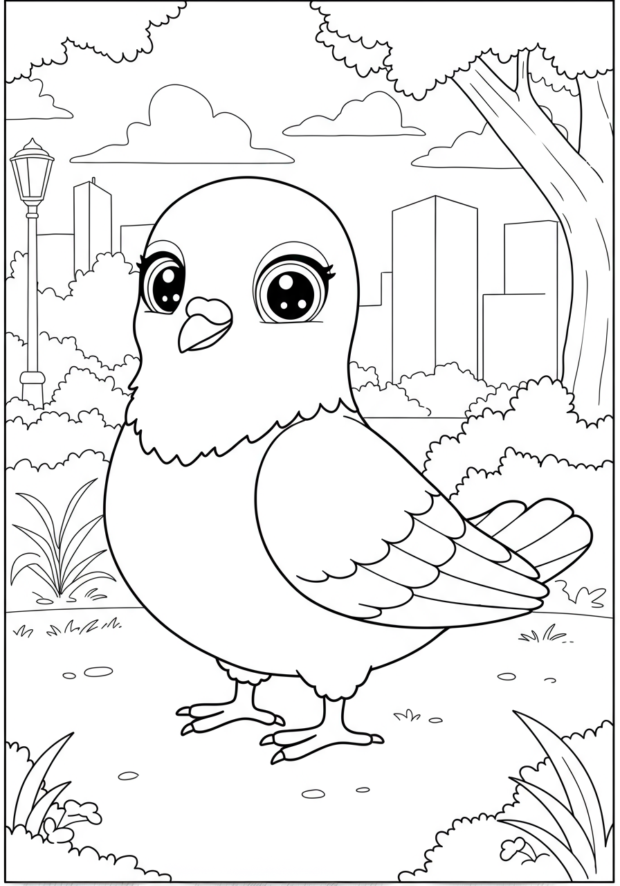 A free printable coloring page for kids depicting a friendly pigeon cooing peacefully in a city park setting, with easy-to-color lines and simple background elements.
