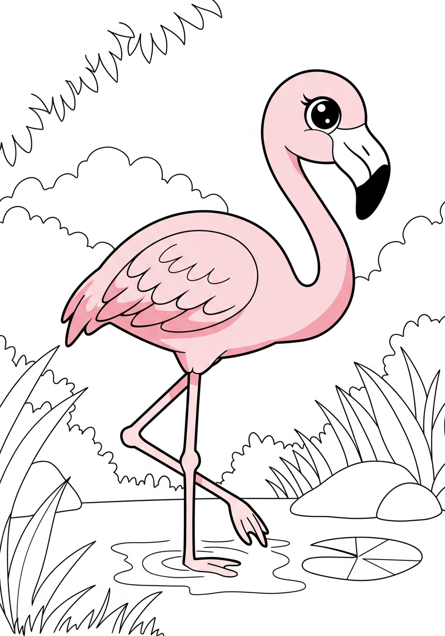 Free printable coloring page featuring an easy outline of a pink flamingo standing gracefully on one leg in shallow water, perfect for kids.