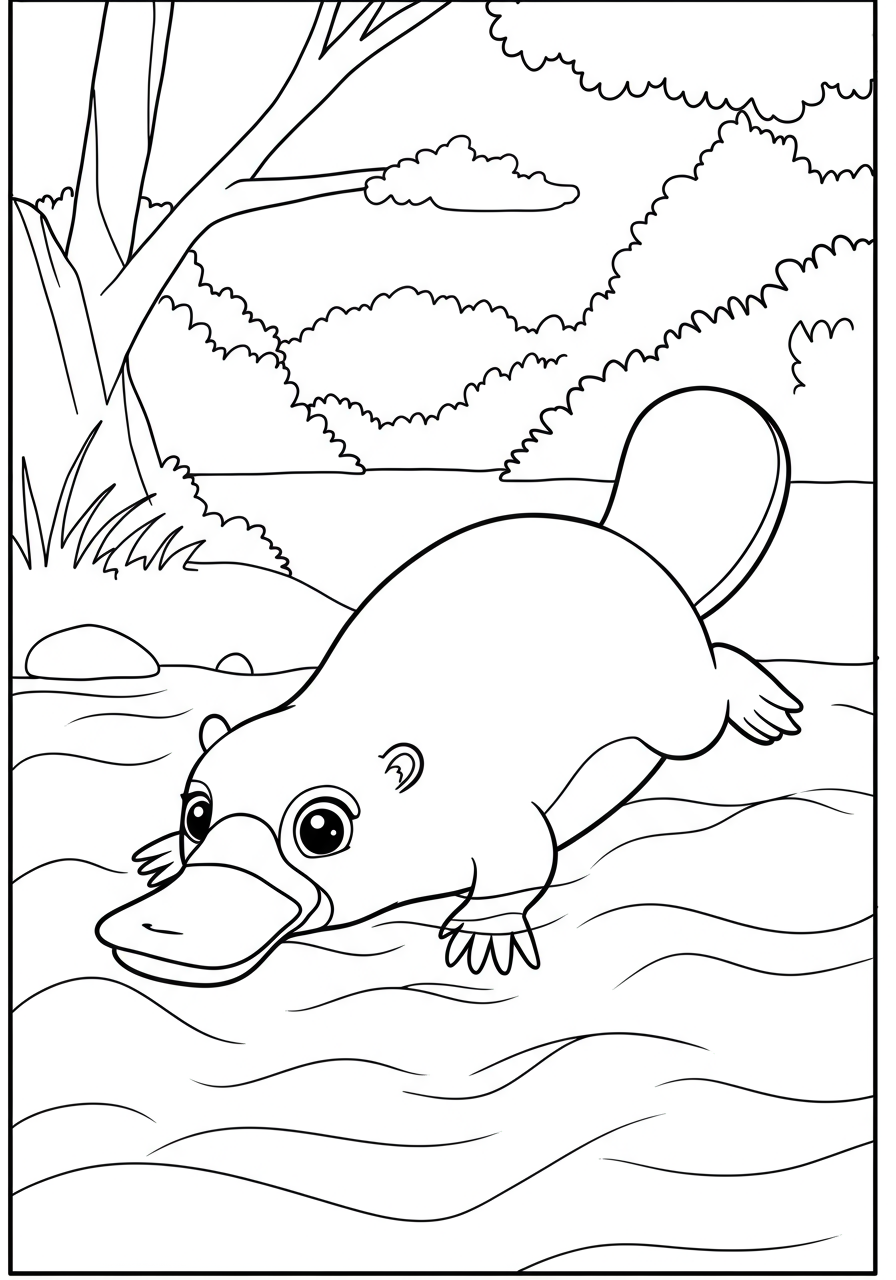 Free printable platypus swimming riverbed coloring page, featuring a cute platypus searching for food underwater with bubbles and simple river plants.
