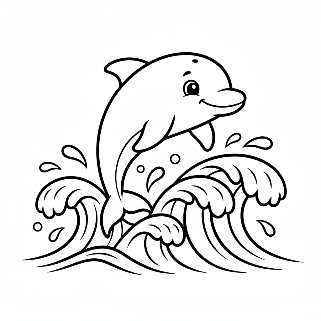 A free printable coloring page showing a playful dolphin gracefully jumping over ocean waves with a happy expression, perfect for kids.