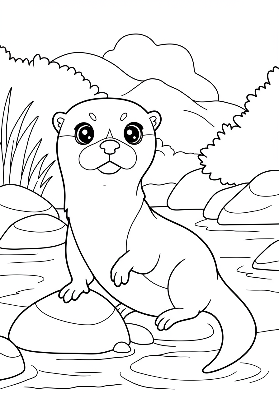 A free printable coloring page depicting a cheerful otter floating on its back, playing with a smooth river rock balanced on its tummy, surrounded by other river stones and gentle water ripples.