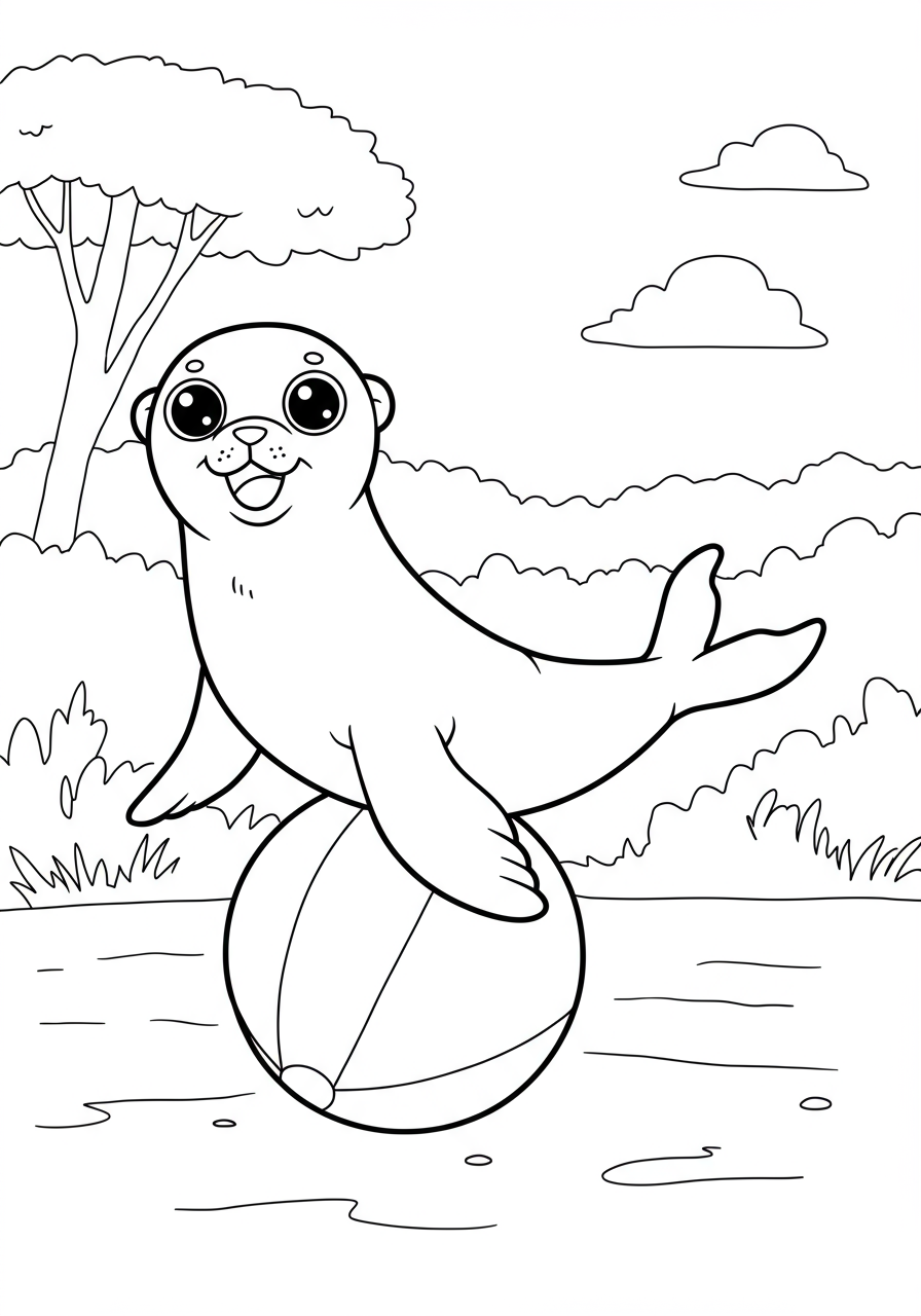 Free printable coloring page featuring a playful seal balancing a colorful ball on its nose, perfect for young artists.