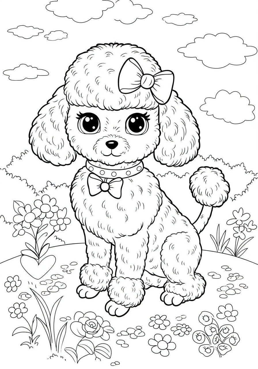 Free printable coloring page featuring a cute poodle wearing a fancy bow, perfect for young children to color.