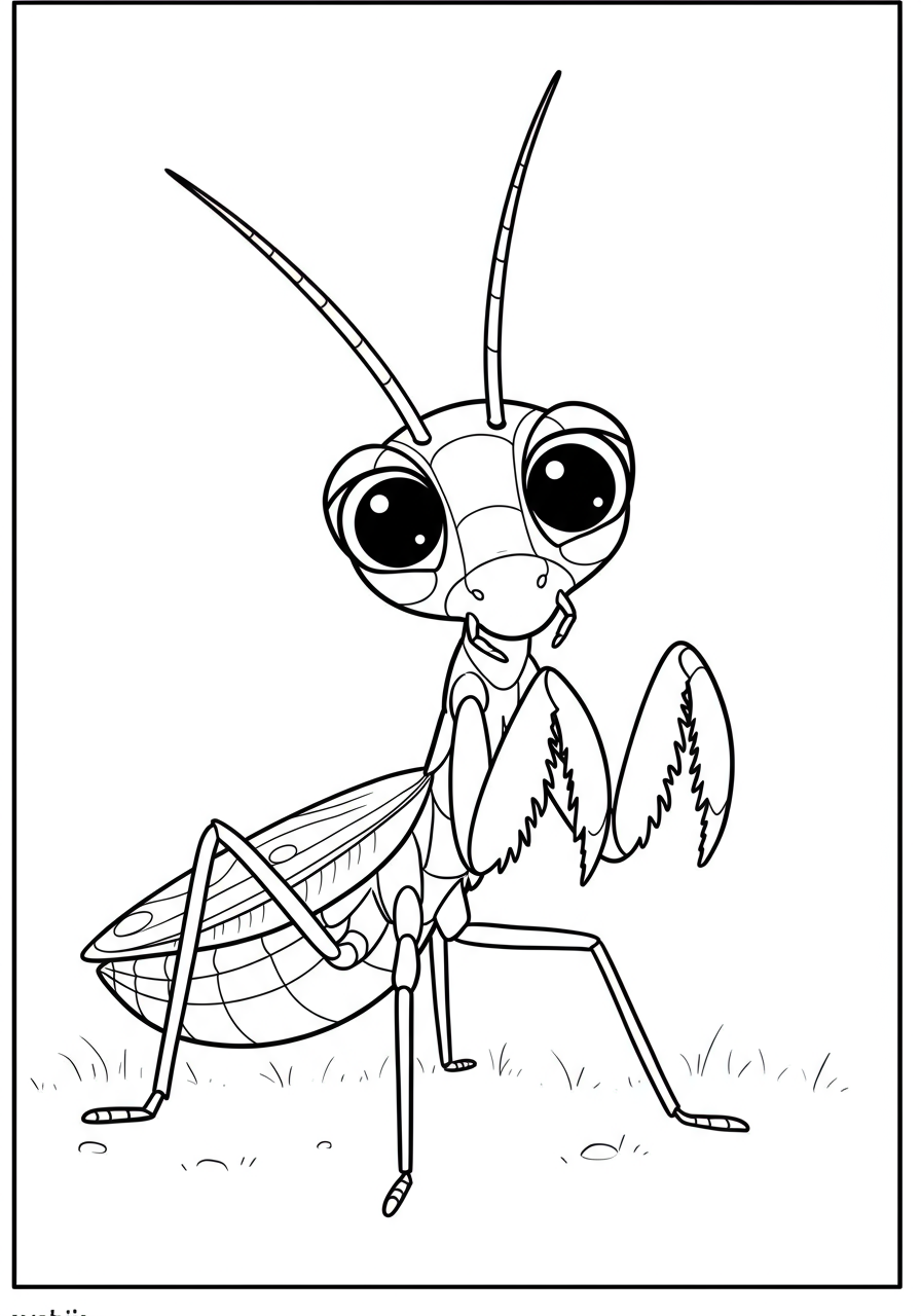 Free printable praying mantis still waiting coloring page for kids, showing a patient green insect on a leaf, easy difficulty