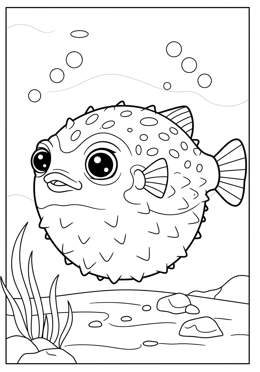 Free printable coloring page featuring a cartoon pufferfish puffed up for defense, with bold lines for easy coloring by kids.