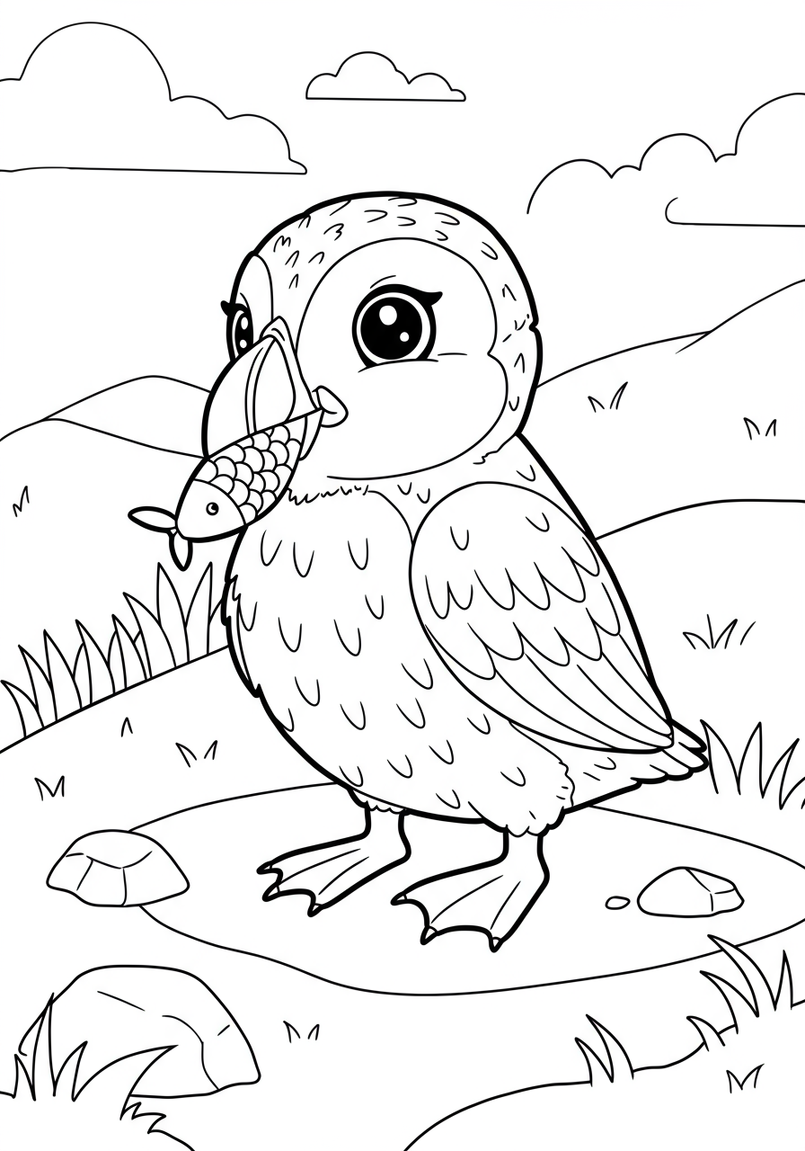A free printable coloring page showing an adorable puffin seabird holding several small fish in its large, colorful beak, suitable for kids.