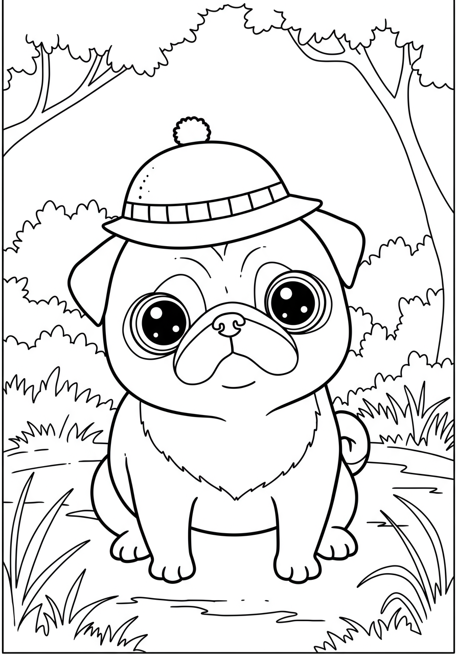 A free printable coloring page featuring an adorable pug dog wearing a tiny, cute hat, perfect for kids to color.