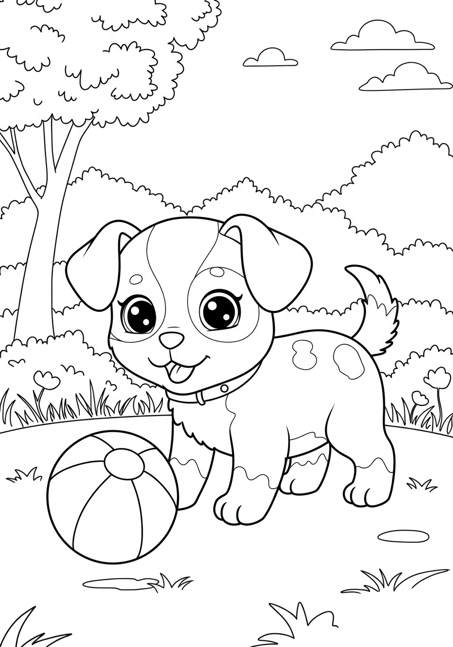 Free printable coloring page depicting a happy, smiling puppy with floppy ears playfully pouncing on a large, round ball, set on a simple grassy background, with bold lines for easy coloring.