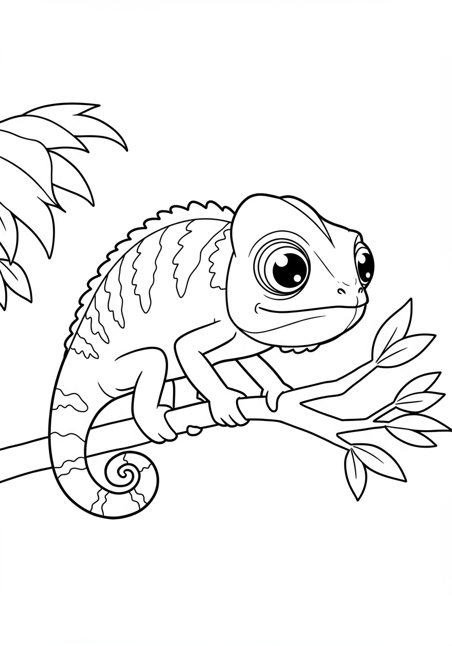Free printable coloring page featuring a quiet chameleon blending into a tree branch, designed for easy coloring by kids, perfect for learning about camouflage.