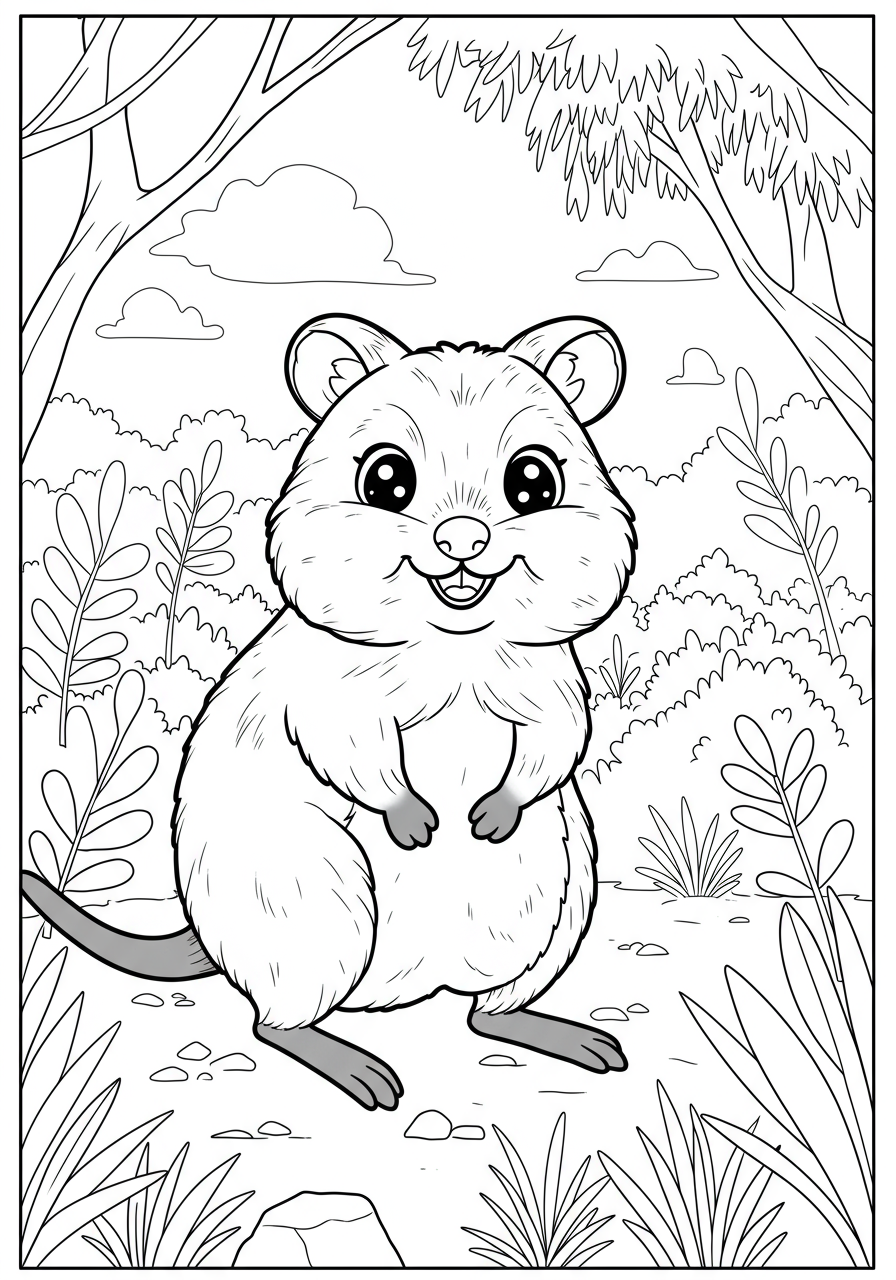 Free printable coloring page featuring a smiling quokka happily sitting in an Australian bushland scene, ready for kids to color.