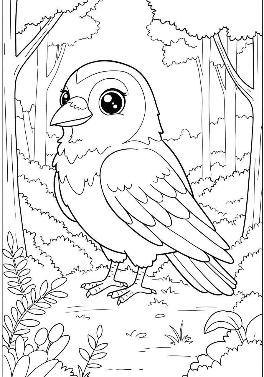 A free printable coloring page featuring a raven cawing loudly on a thick tree branch in a simple forest setting, ideal for young kids.
