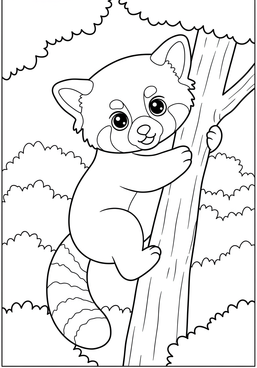 An easy free printable coloring page featuring an adorable red panda climbing a tree with leaves, perfect for kids.