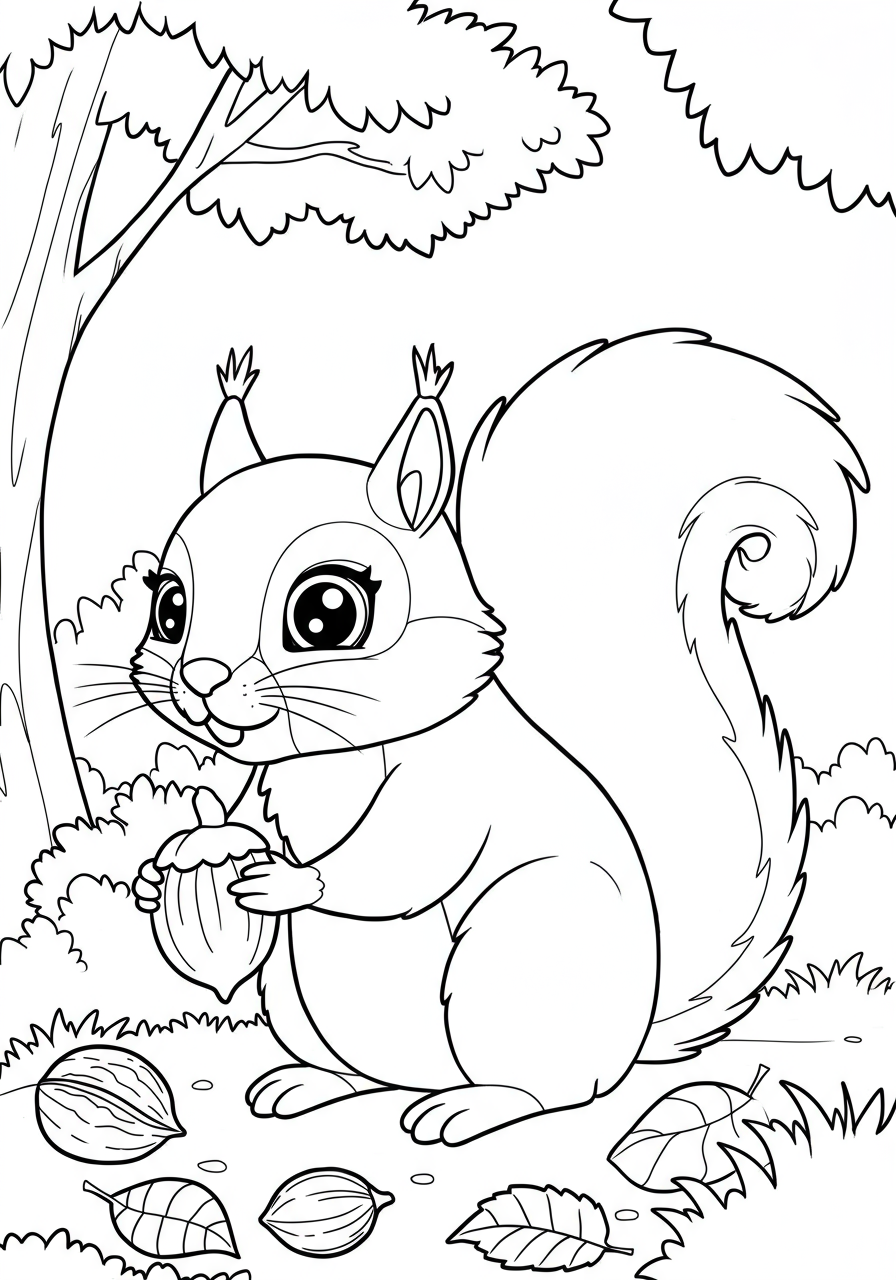 A delightful free printable coloring page showing a cute red squirrel busily collecting nuts, perfect for children to color and learn about wildlife.