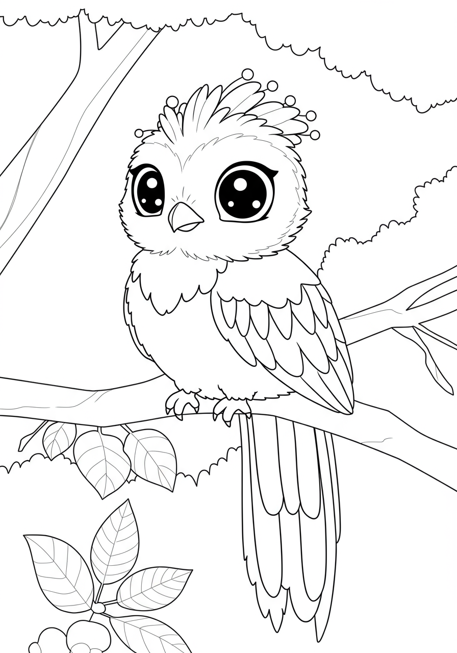 Free printable Resplendent Quetzal coloring page for kids, featuring a beautiful bird with vibrant, long tail feathers, perfect for easy animal coloring activities.