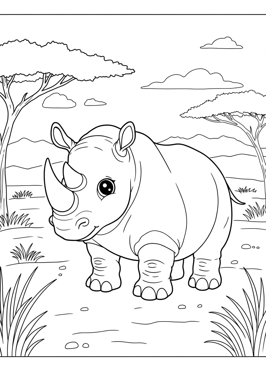 Free printable rhinoceros coloring page for kids, showing a rhino in a dusty savanna plain, easy difficulty.