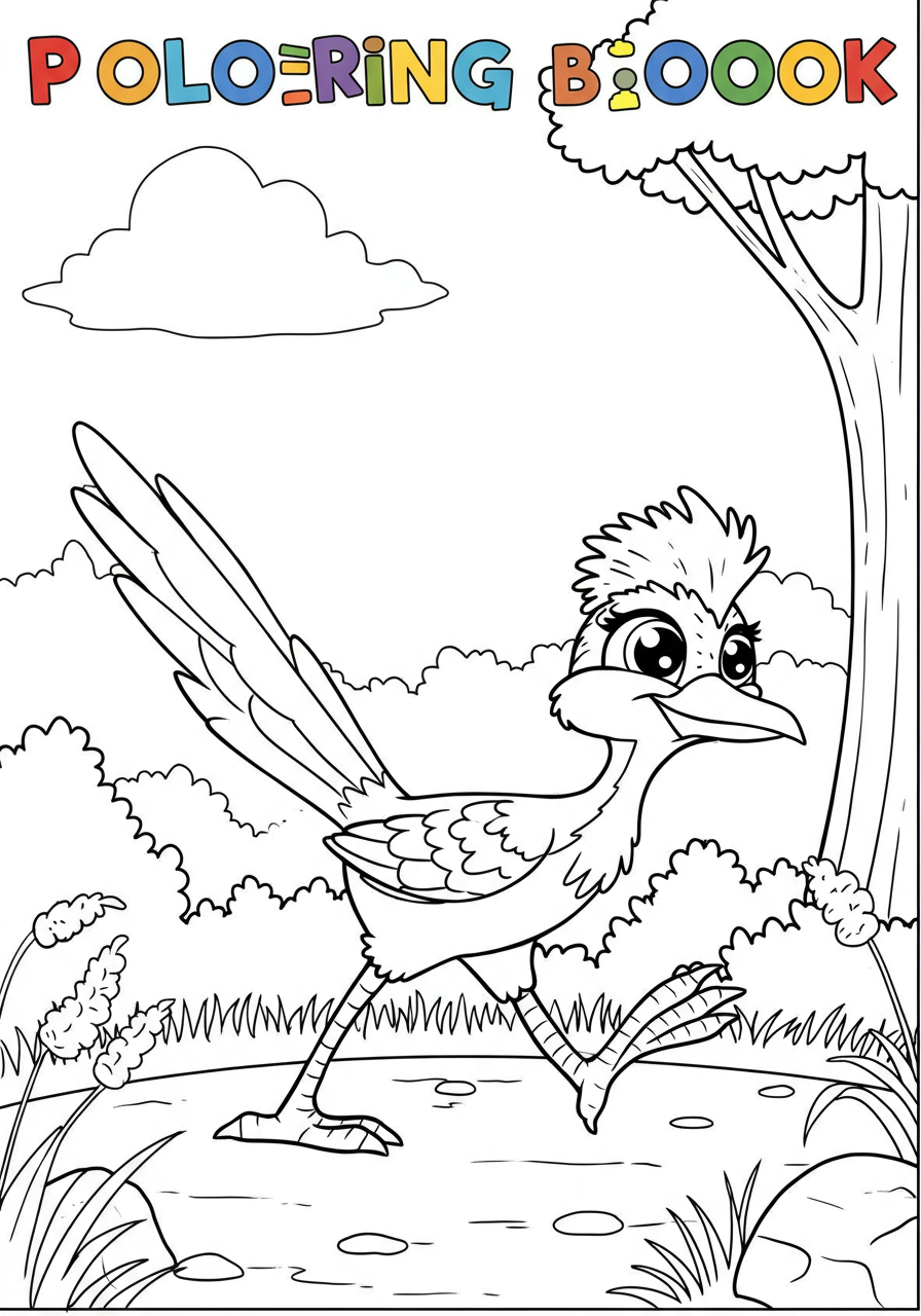 Free printable Roadrunner and Wile E. Coyote cartoon chase coloring page for kids, showing the fast bird running from the determined coyote in a desert landscape.