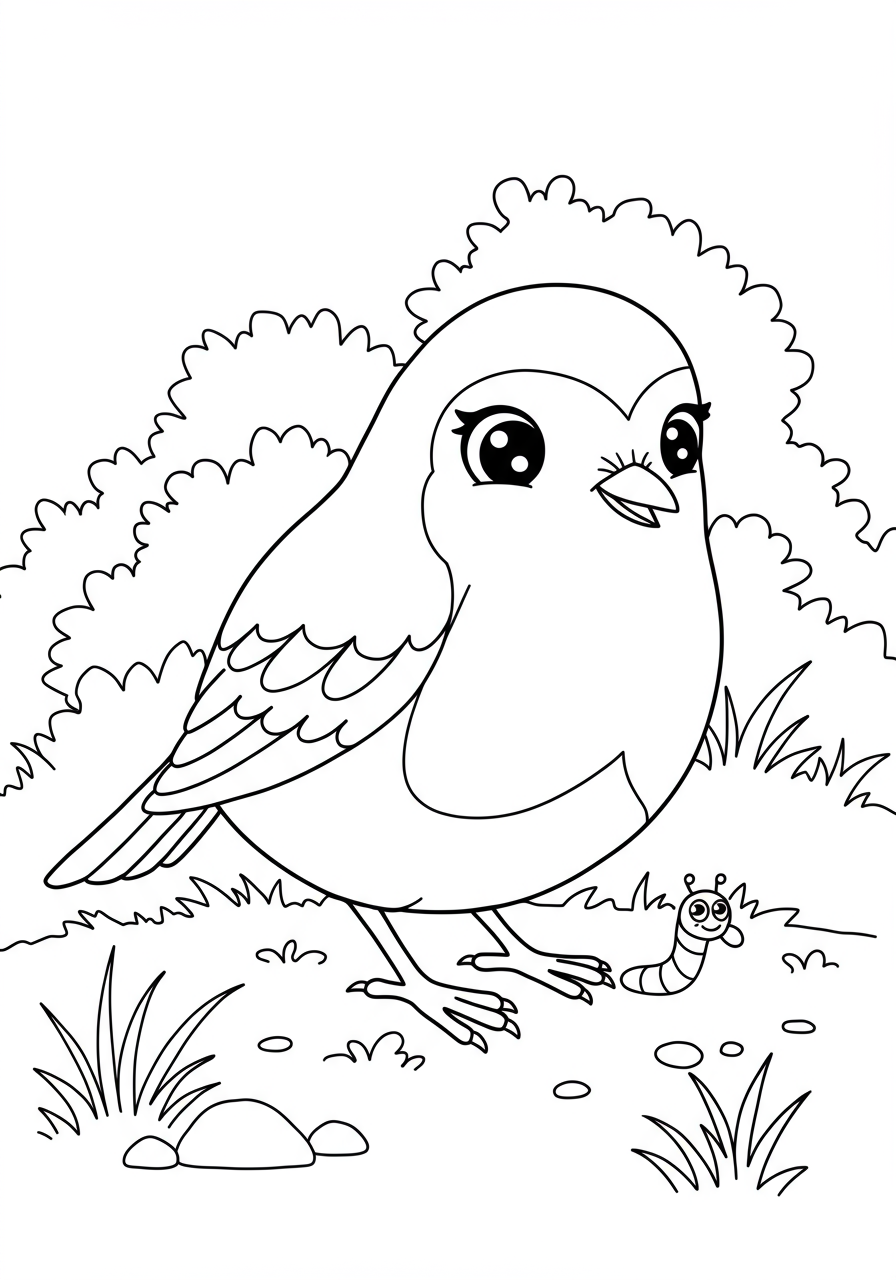 Free printable coloring page featuring a cheerful American Robin pulling a juicy worm from the ground, perfect for kids.