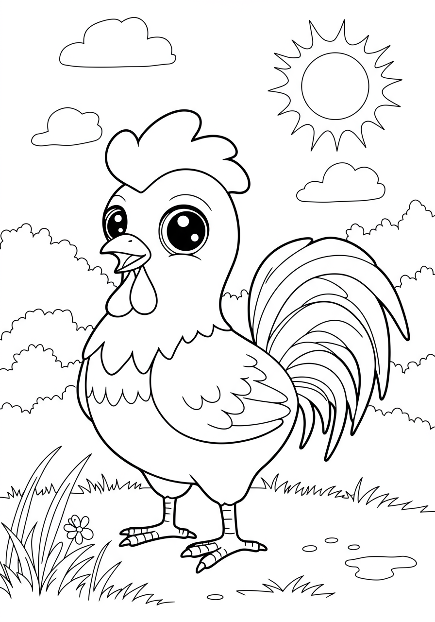 Free printable coloring page featuring a cheerful rooster crowing loudly as the bright morning sun rises, perfect for kids.