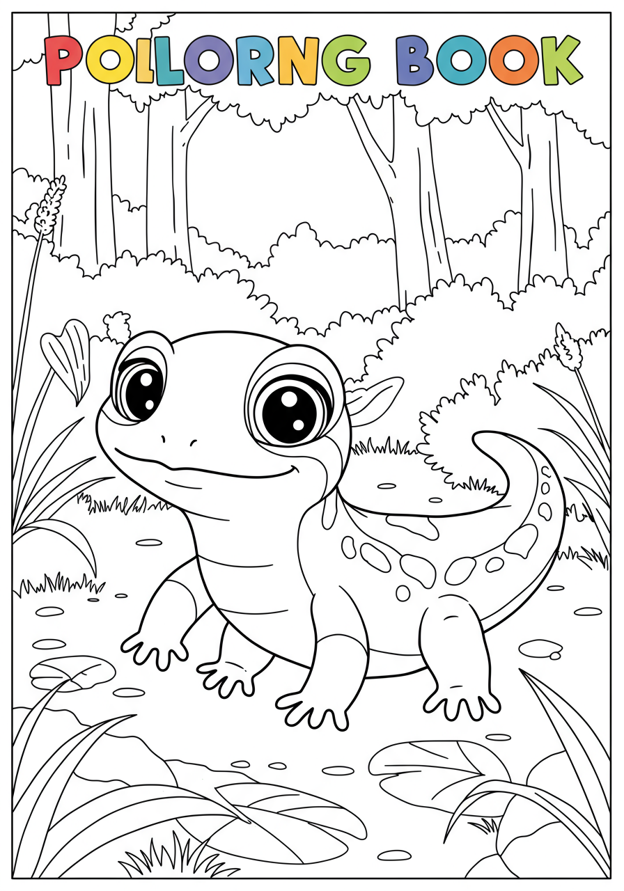 Free printable coloring page showing a friendly salamander in a damp forest with moss, leaves, and a log, designed for kids.