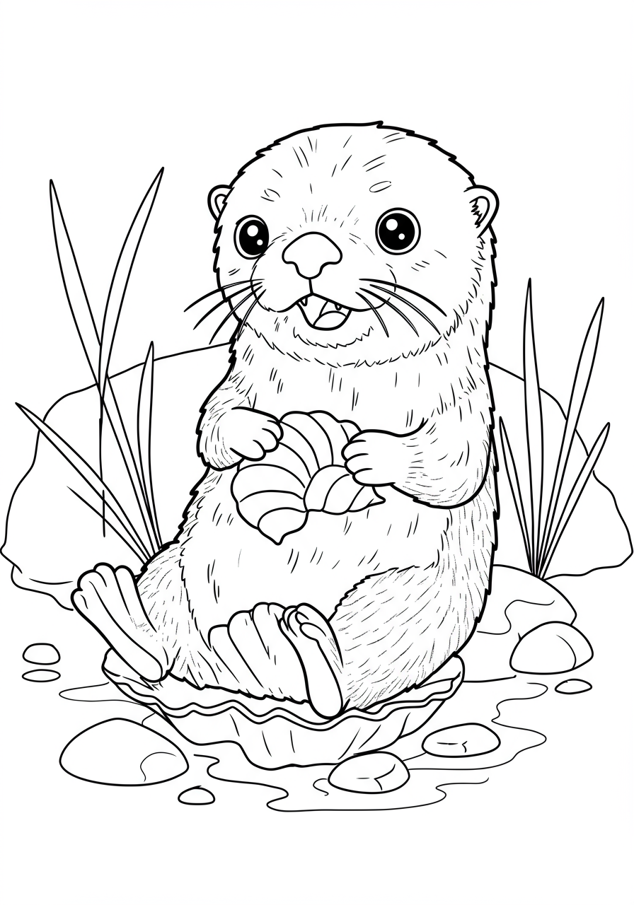 Free printable coloring page featuring a cute sea otter floating on its back, cracking open a shell with a rock on its tummy, with simple waves in the background.